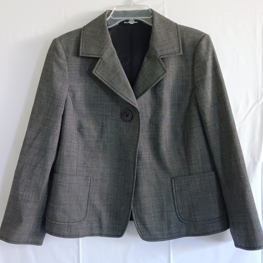 Ellen Tracy Blazer Womens 14 Gray Wool Blend Single Button career Pro EUC